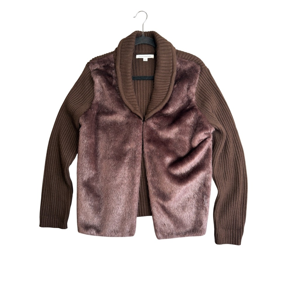 Vintage 90s Faux Fur Chocolate Brown Cardigan Jacket Womens L Shawl Collar Cozy